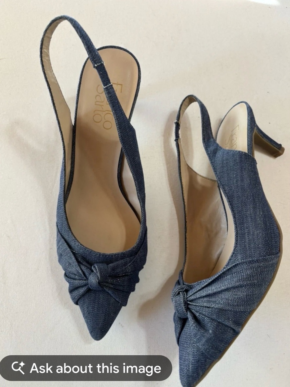 Franco Sarto Denim Blue Knotted Slingback Pointed-Toe Heels